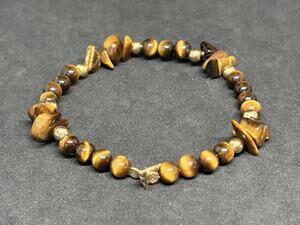 Vintage 14k Gold Polished Tiger Eye Stone Bead Clasp Bracelet 7 Inch